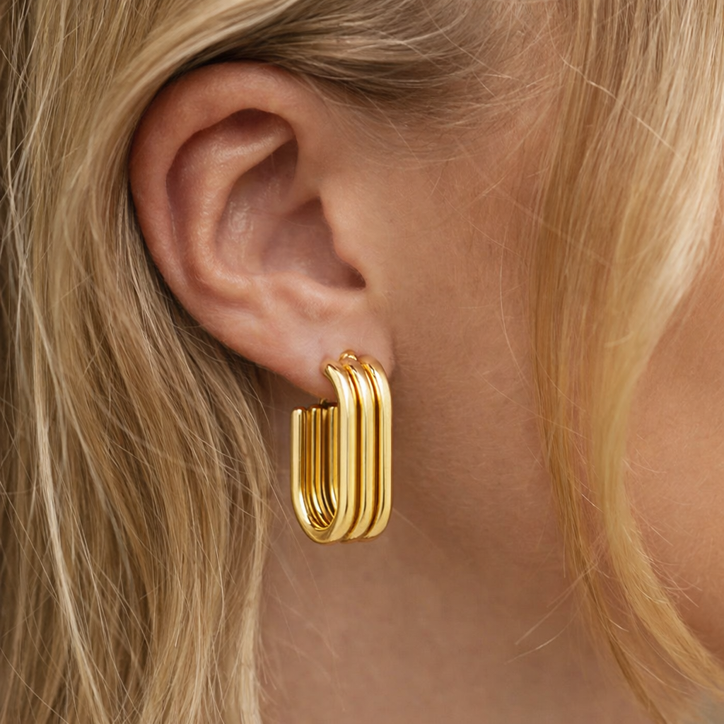 Rectangular 3 Row Hoop Style Earring