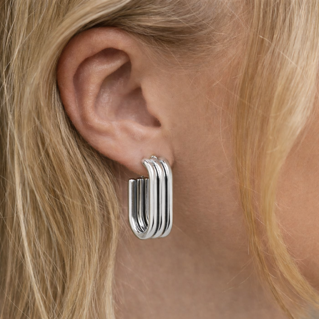 Rectangular 3 Row Hoop Style Earring